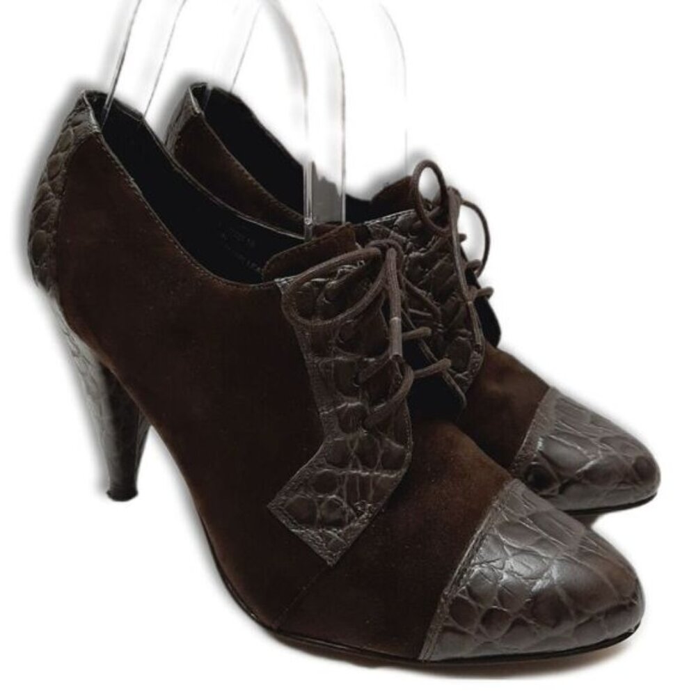 REBECCA BLUE Lace-up High Cone Heels Suede & Patent Leather Shoes Sz 7.5 Eur 38